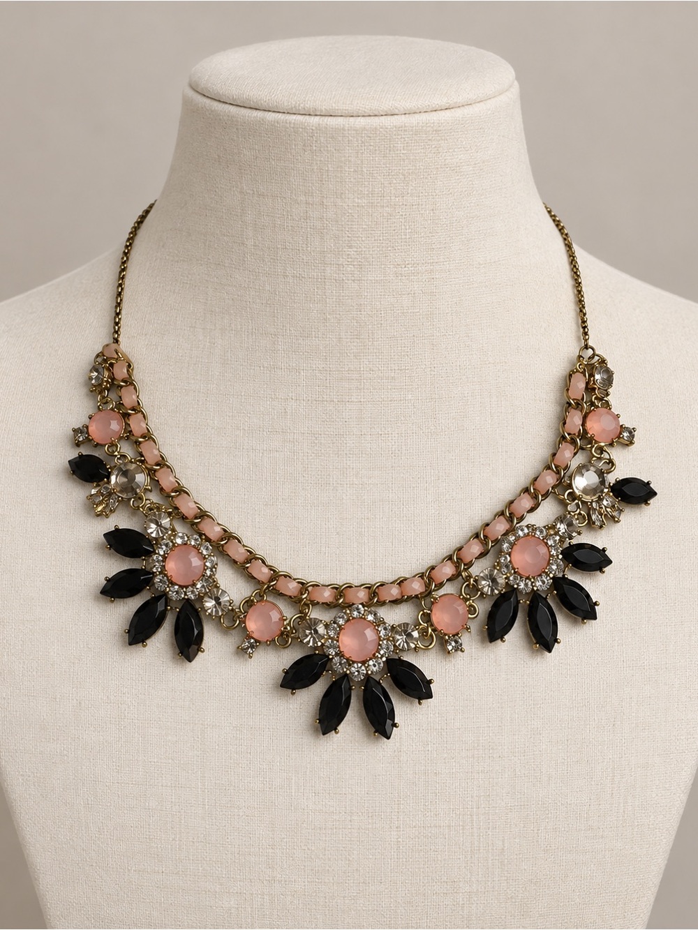 Vintage Liz Claiborne Pink, Black & Clear Rhinestone Bib Statement Necklace